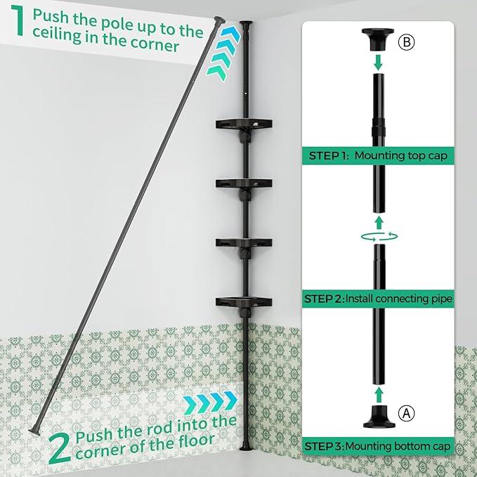 shuang qing 4-Tier Corner Shower Caddy Tension Pole Organizer - Adjustable Rustproof Metal Tension Pole, Plastic Shelves with Safety Guardrail, Bathroom Storage for Shower & Bathtub(Black) - ModernBath