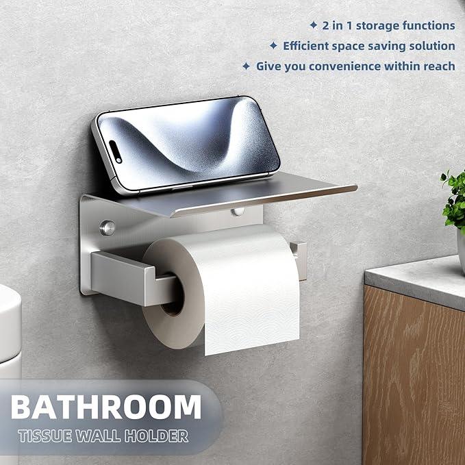 APLusee Brushed Nickel Toilet Paper Holder with Phone Shelf, 304 Stainless Steel Toilet Tissue Roll Holder, Wall Mounted Bathroom Paper Roll Dispenser - ModernBath