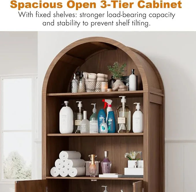 70.9" Tall Storage Cabinet with Fluted Doors, Arched Freestanding Cabinet with 5 Shelves, Wooden Bookcase Storage Cabinet Suitable for Living Room, Dining Room, Bathroom - ModernBath