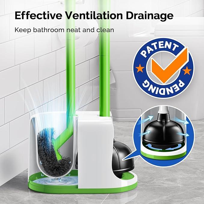 HAMITOR Toilet Plunger Bowl Brush Combo：Heavy Duty Rubber for Drain Clog Remover - Curved Design Bristles for Deep Cleaning Under Rim - Compact Bathroom Cleaning Tools for New Homet Essentials-Green - ModernBath