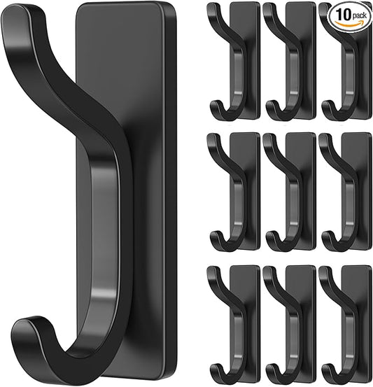 pickpiff Adhesive Wall Coat Hooks - Heavy Duty Stick-On Door Hanger, Metal Hook for Hanging Towel,Purse, Robe, Backpack, Jacket, Clothes - for Bathroom,Dorm, Closet, Kitchen - Black, 10 Pack