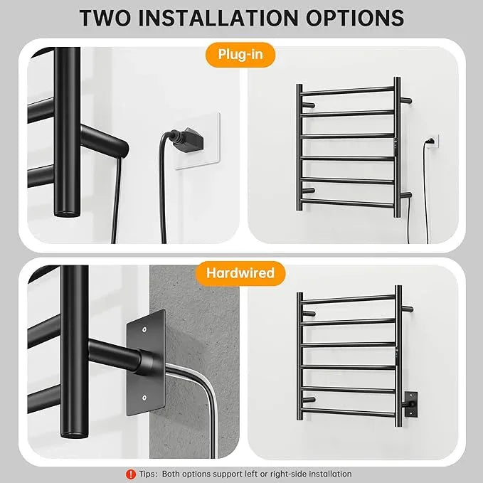 Towel Warmer Rack, Heated Towel Racks for Bathroom, Wall Mounted Towel Warmer, Stainless Steel 6-Bars Drying Rack with Intelligent Touch Screen Timer, Matte Black - ModernBath