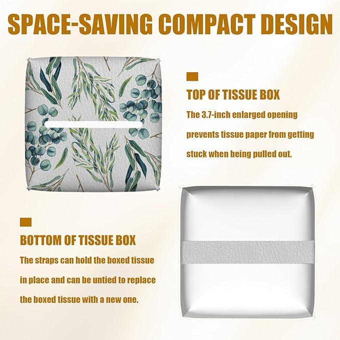 Eucalyptus Sage Tissue Box Cover 2PCS, Plants Leather Tissue Box Holder Square Facial Paper Case Tissue Box Cube Organizer for Bathroom Bedroom Desk Office - ModernBath