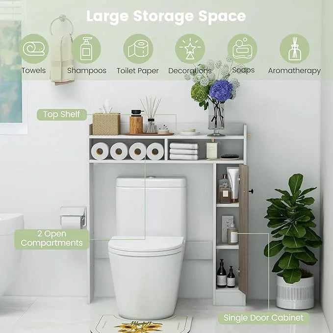 Giantex Over The Toilet Storage Cabinet, Freestanding Bathroom Organizer w/Single Door Cabinet & Open Shelves, Space-Saving Toilet Rack w/Adjustable Shelves for Laundry Room (White) - ModernBath