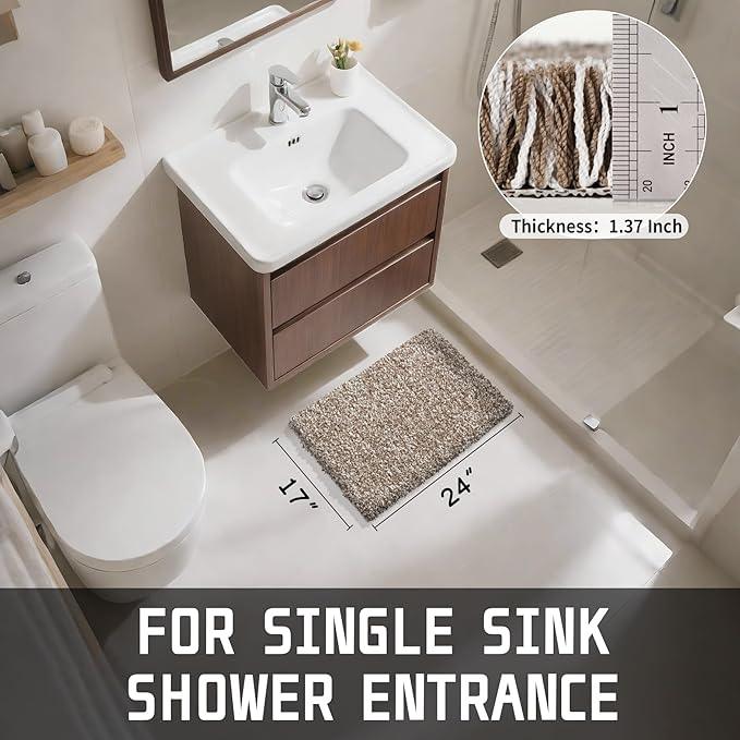 Yimobra Bathroom Rugs Non Slip Washable, Ultra Soft and Water Absorbent Bath Mats, Plush Fluffy Shower Mat Outside, Microfiber Thick Matts for Bathroom Floor/Sink, 24x17, Light Brown and White - ModernBath