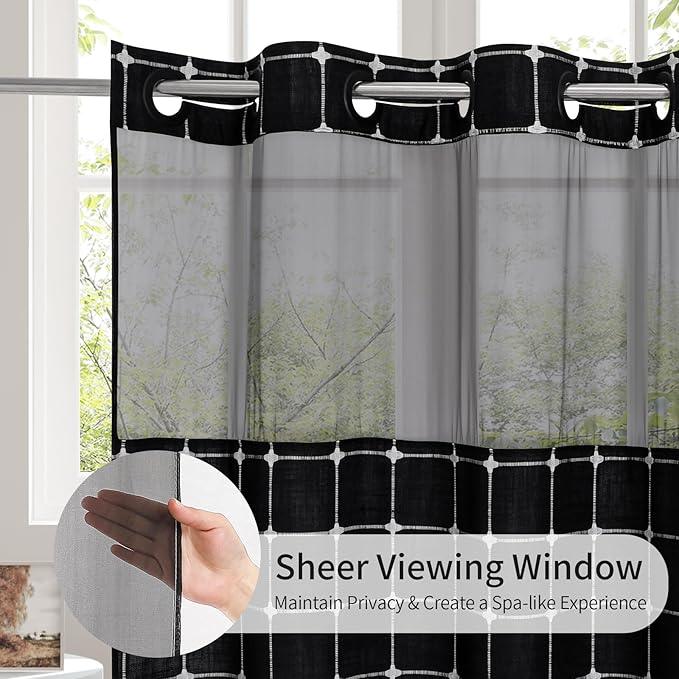 No Hooks Required Farmhouse Shower Curtain with Snap-in Liner - with Window & Magnets, Boho Cotton Linen Fabric Shower Curtains with Tassels for Rustic Bathroom Decor, Black and White, 72 x 74 - ModernBath