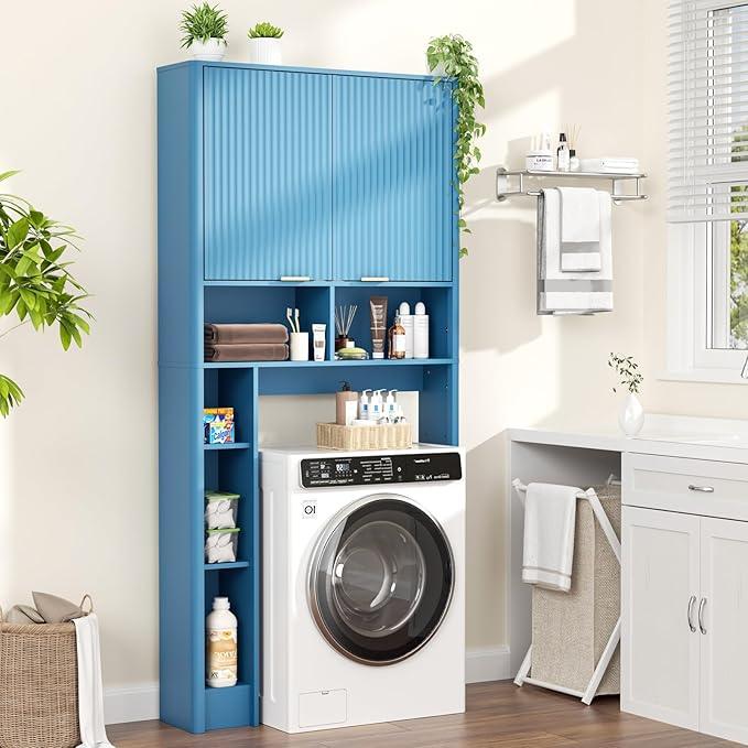 31" W Over The Toilet Storage Cabinet with Fluted Door, Blue Bathroom Organizer with Adjustable Shelf, Toilet Paper Holder Stand Wave Door for Restroom, Laundry Room - ModernBath