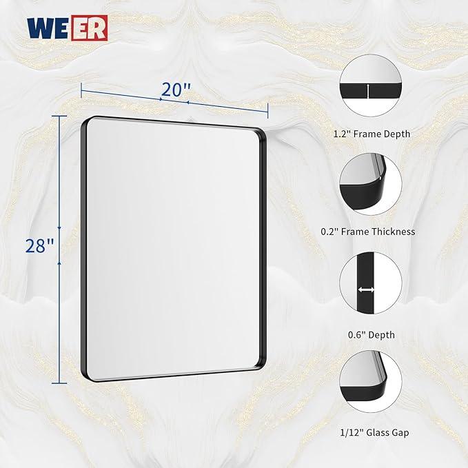 WEER Black Bathroom Vanity Mirror 20X28 Inch, Rounded Rectangle Black Metal Framed Mirror for Over Sink Wall, Farmhouse Matte Black Mirror, Tempered Glass, Anti-Rust, Hangs Horizontal or Vertical - ModernBath