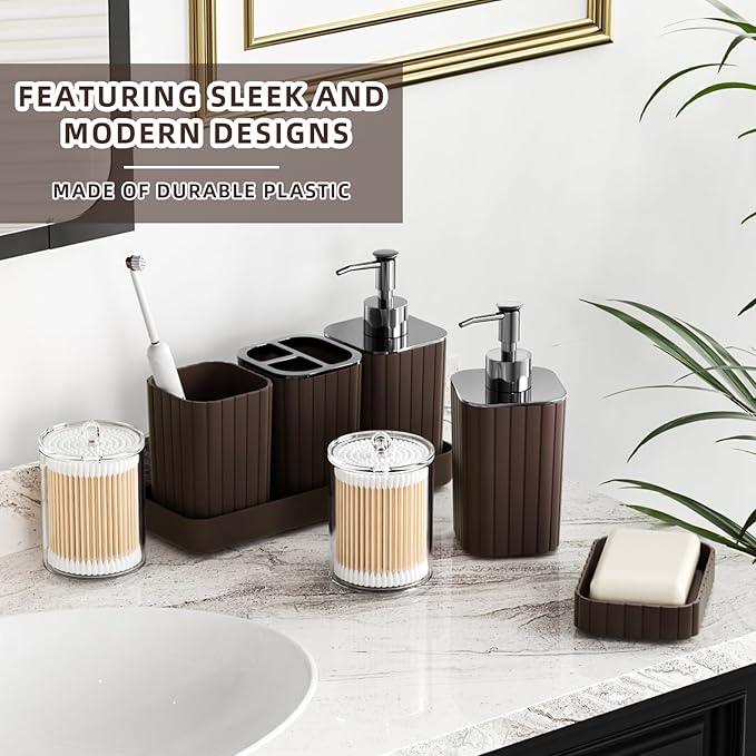 XLHOMO Bathroom Accessories Set - 25PC Bathroom Sets with Shower Curtain and Rugs, Brown Bathroom Accessories, Bathroom Accessory Set, Brown Shower Curtain Set, Trash Can & Soap Dispenser - ModernBath