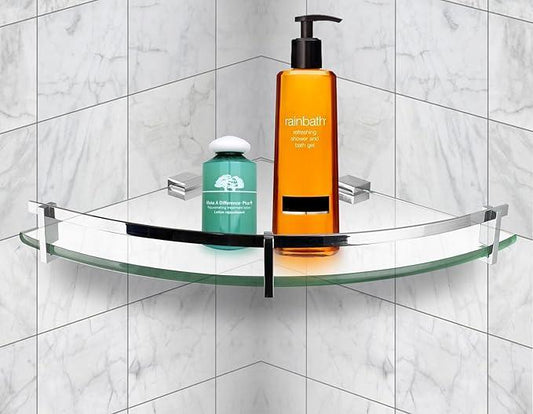 Mount-It! Glass Corner Shower Shelf for Bathroom, Wall Mounted with Chrome Rail & 8mm Tempered Glass, Durable Bathroom Organizer for Shower Essentials, 9.75 Inch Space-Saving Design - ModernBath