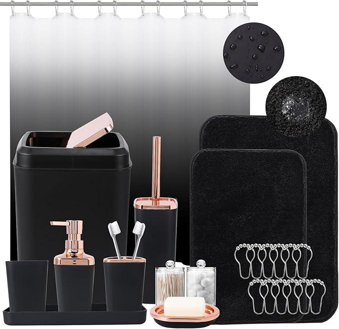 XLHOMO Bathroom Accessory Set–Bathroom Set with Shower Curtain and Rugs, No Slip Bathroom Rugs Super Absorbent, Black Ombre Water-Proof Shower Curtain with Hooks,Black Bathroom Sets Complete for Home - ModernBath