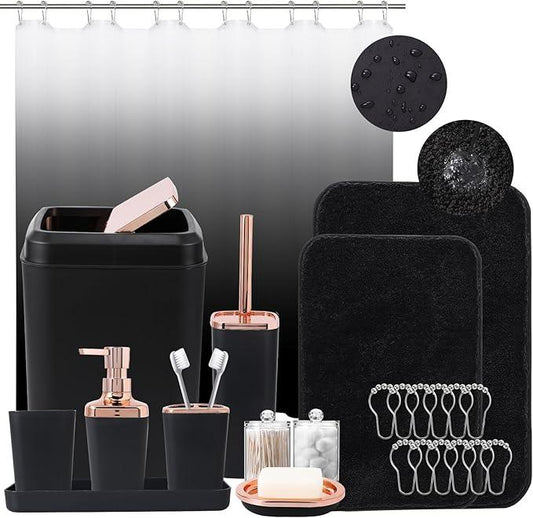 XLHOMO Bathroom Accessory Set–Bathroom Set with Shower Curtain and Rugs, No Slip Bathroom Rugs Super Absorbent, Black Ombre Water-Proof Shower Curtain with Hooks,Black Bathroom Sets Complete for Home - ModernBath