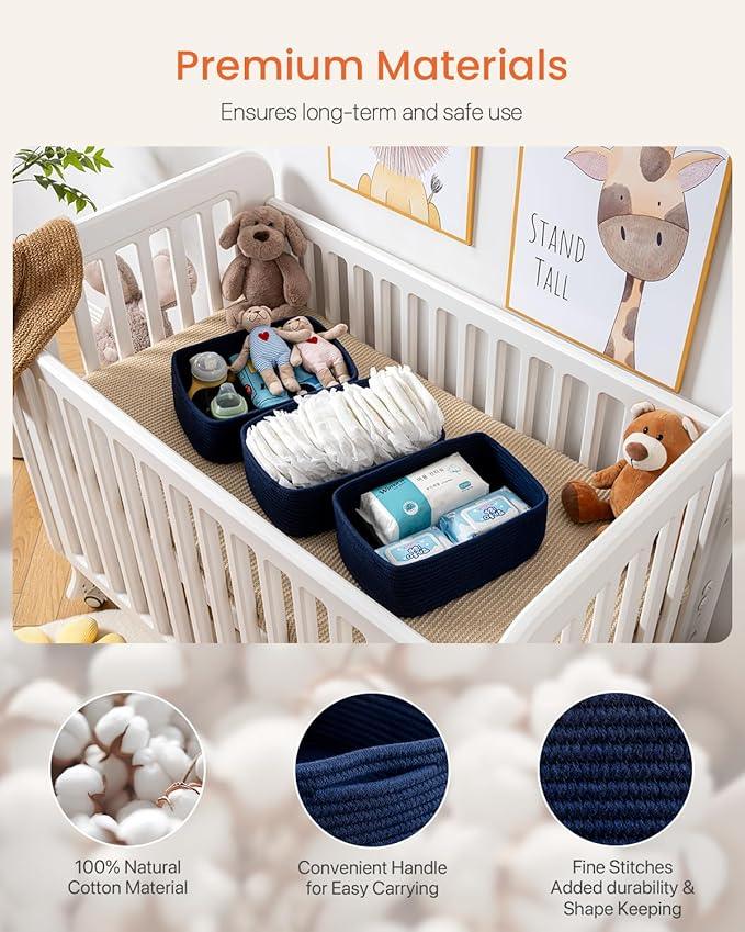 Small Woven Basket, 13.5 x 9.5 x 5 Inches, Storage Basket for Organizing, Cute Small Rope Shelf Closet Cube Storage Bins Baskets for Shelves, Dog Toy Gift Baskets Empty, 3 Packs, Navy Blue - ModernBath
