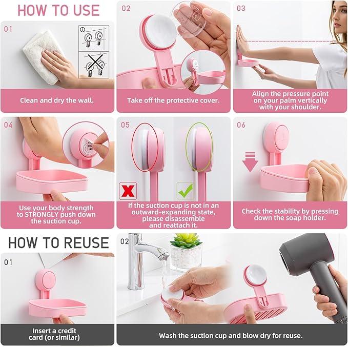 LEVERLOC Soap Dish Holder for Shower Suction Cup Wall Mounted Self Draining NO-Drilling Removable Bar Soap Sponge Holder for Bathroom Bathtub Kitchen Sink Waterproof Strong Vacuum Suction, Pink - ModernBath