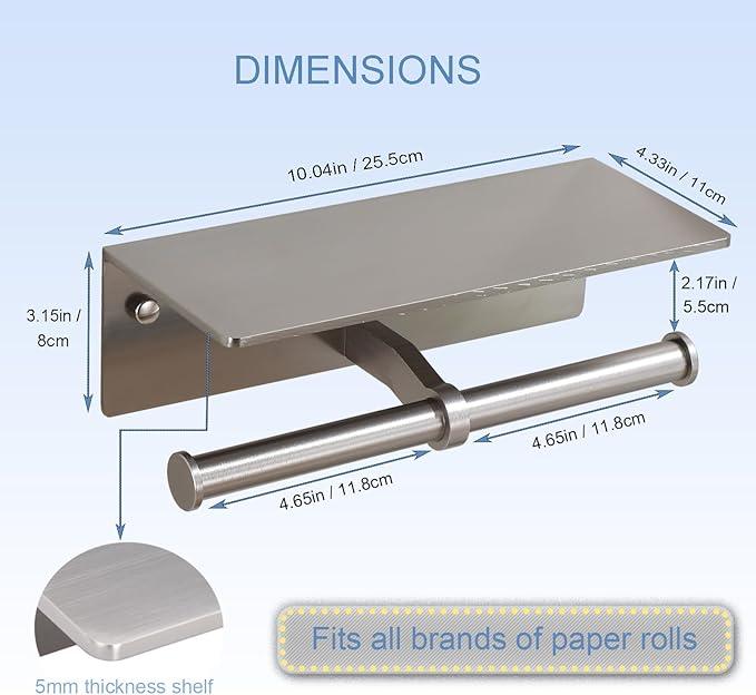 Toilet Paper Holder - Double Rolls Toilet Tissue Holder with Phone Shelf for Bathroom - TP Roll Holder with Wipes Storage, Wall Mounted by Adhesive Tape No Drilling or Screw - Brushed Nickel - ModernBath