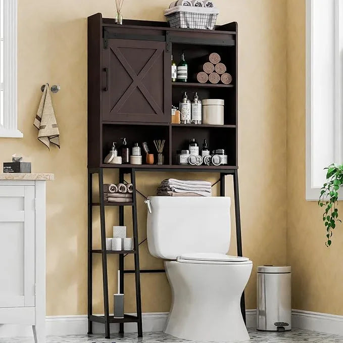 Over The Toilet Storage Cabinet, Farmhouse Storage Cabinet Over Toilet with Sliding Door & Toilet Paper Holder Stand，Home Space-Saving Toilet Rack, for Bathroom, Restroom, Laundry.Espresso - ModernBath