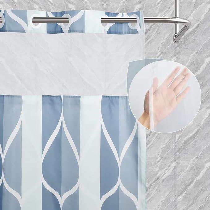 Yiatn No Hook Dark Blue Double Shower Curtain with Snap in Fabric Liner Set - Hotel Style with See Through Mesh Top Window, Modern Geometric Waterdrop Design,Waterproof and Washable, 71x74 INCH - ModernBath