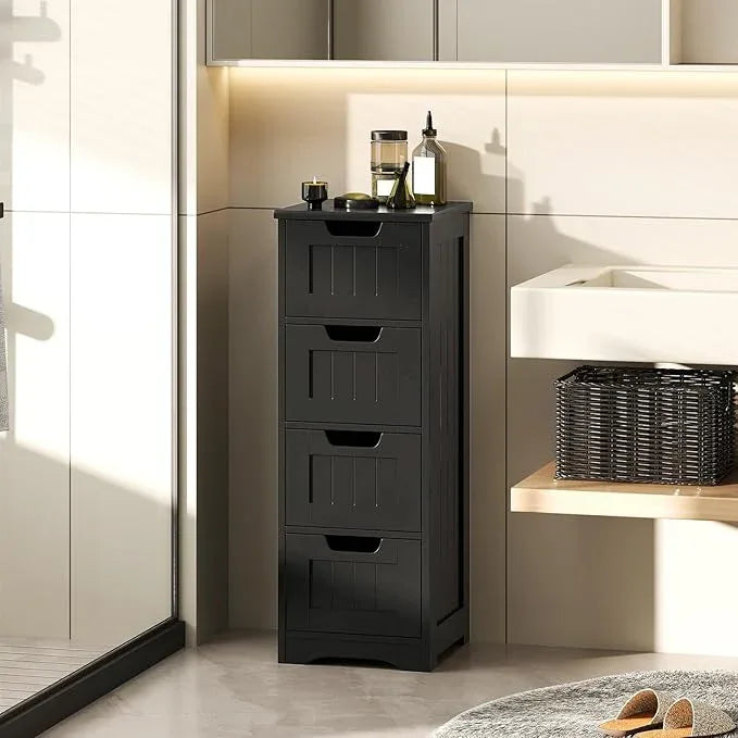 Tangkula Bathroom Floor Cabinet with 4 Drawers, 12 x 12 x 33 Inch, Freestanding Storage Cabinet for Bathroom Living Room, Wooden Cabinet Organizer Unit for Home Office (Black) - ModernBath