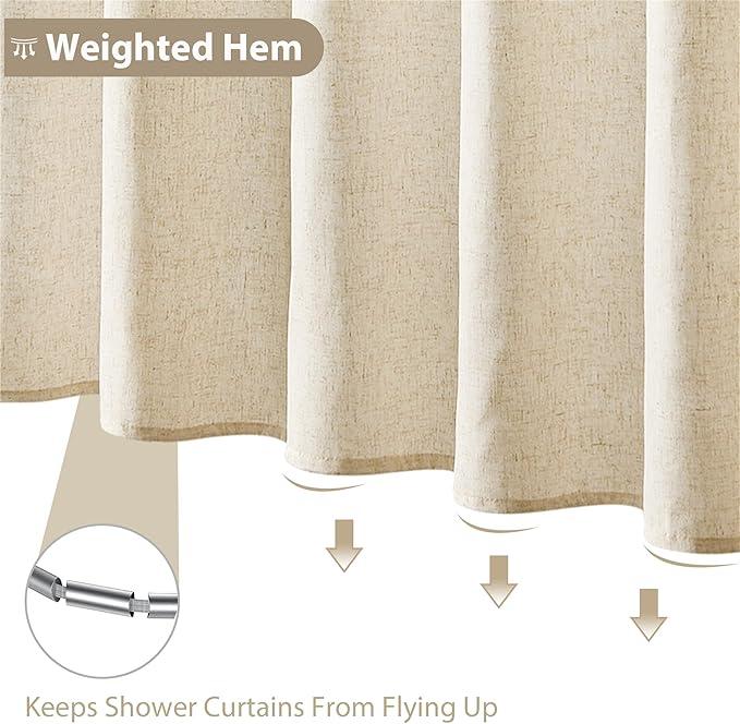 Jowels Natural Linen Shower Curtain, Boho Farmhouse Shower Curtain Set for Bathroom, 200GSM Luxury Weighted Water Resistant Fabric Textured Shower Curtains with 12 Metal Hooks, 72Wx90H - ModernBath
