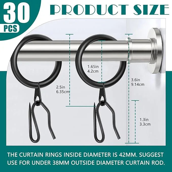 Dpyrrhic 30Pcs Metal Curtain Rings 42mm Interior Diameter and 30 Pcs Curtain Drapery Pin Hooks,Black Curtain Hooks for Drapes,Window,Shower Curtain - ModernBath