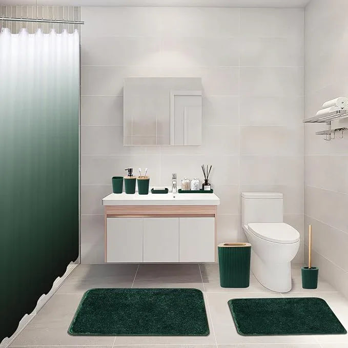 XLHOMO Dark Green Bathroom Accessories Set with Ombre Shower Curtain and Bathroom Rugs,Bathroom Sets with Trash Can,Toothbrush Holder and Cup,Soap Dispenser,Tray,Soap Dish,Toilet Brush,Qtip Holders - ModernBath