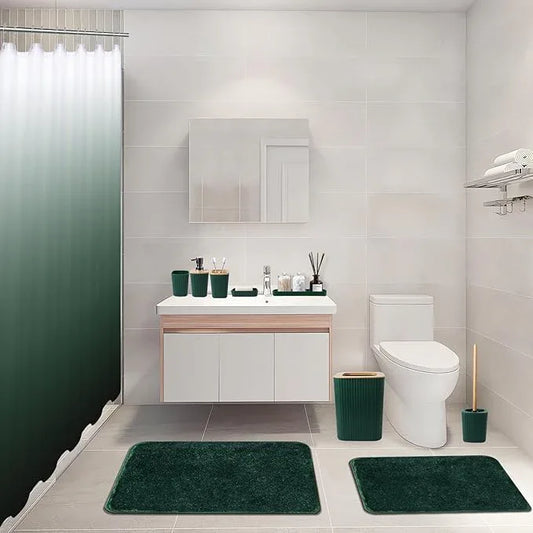 XLHOMO Dark Green Bathroom Accessories Set with Ombre Shower Curtain and Bathroom Rugs,Bathroom Sets with Trash Can,Toothbrush Holder and Cup,Soap Dispenser,Tray,Soap Dish,Toilet Brush,Qtip Holders - ModernBath