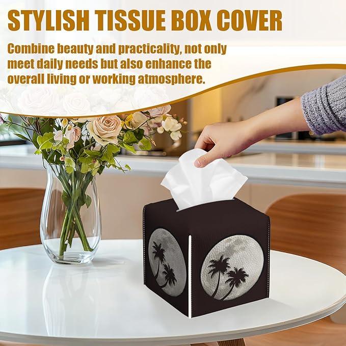Full Moon Tissue Box Cover 2PCS, Palm Tree Leather Tissue Box Holder Square Facial Paper Case Tissue Box Cube Organizer for Bathroom Bedroom Desk Office - ModernBath