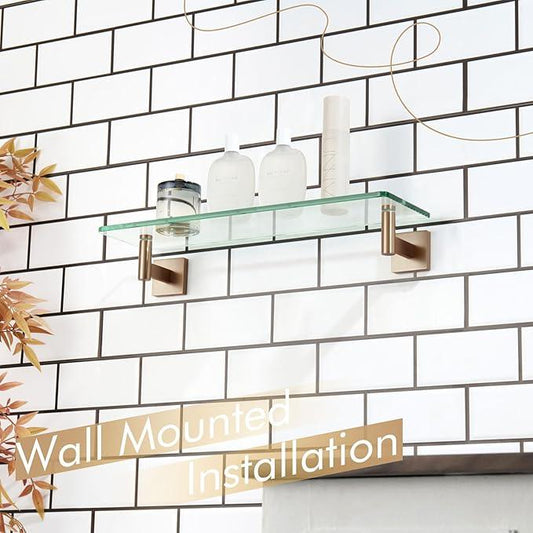 KOKOSIRI Wall Shelves Bathroom Hardware Tempered Glass Floating Shelf Hanging Rack Storage/Room Decor 20-Inch Champagne Bronze 2 Pack B1105CPG-L20-P2 - ModernBath