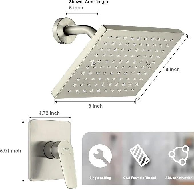Lavatrum Brush Nickel Premium Shower Head With Valve Set Single Spray Wall Mount 8 Inch Rainfall Square Shower Faucet with Rough-in Valve and Trim Kit for Bathroom - ModernBath