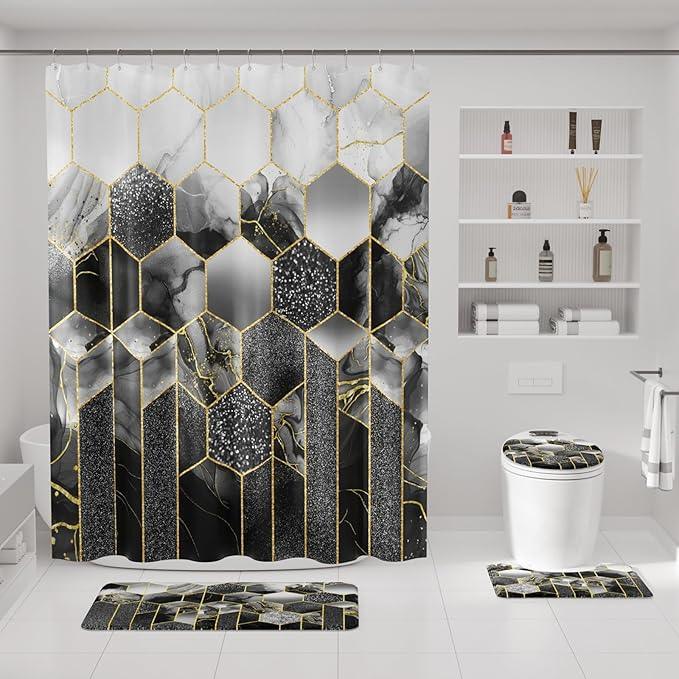 XLHOMO Bathroom Sets with Shower Curtain and Rugs - 4PC Black Geometric Shower Curtain Set with 12 Hooks, Toilet Cover, U-Shaped Mat and Rugs Modern Abstract Bathroom Accessories for Bathroom - ModernBath
