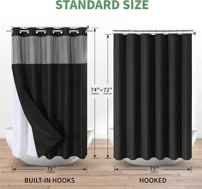 eachope Black No Hook Shower Curtain with Snap-in Fabric Liner Set,Slub Textured Fabric Shower Curtains for Bathroom,Hotel Style Modern Shower Curtain,Water Repellent & Washable,71x74(72) - ModernBath