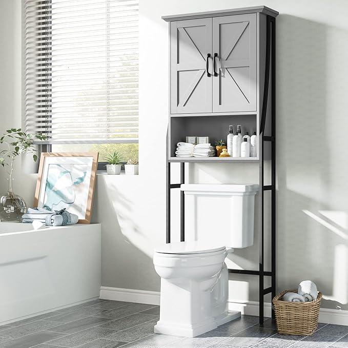 Over The Toilet Storage Cabinet, Over Toilet Bathroom Organizer with Barn Doors Above Toilet Storage Cabinet Spacesaver Rack Behind Toilet Bathroom Organizer (Gray) - ModernBath