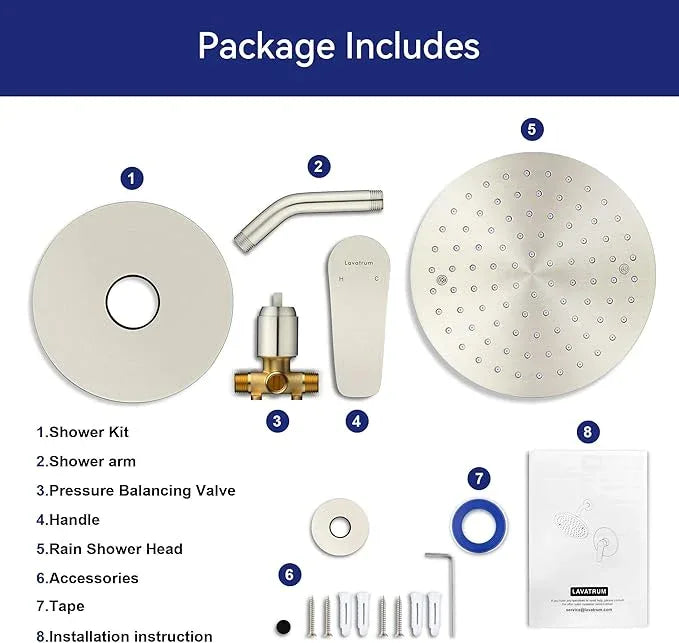 Lavatrum Brush Nickel Shower Head and Handle Set Single Spray Premium Wall Mount 8 Inch Rainfall Round Shower Faucet with Rough-in Valve and Trim Kit for Bathroom（1.8GPM) - ModernBath