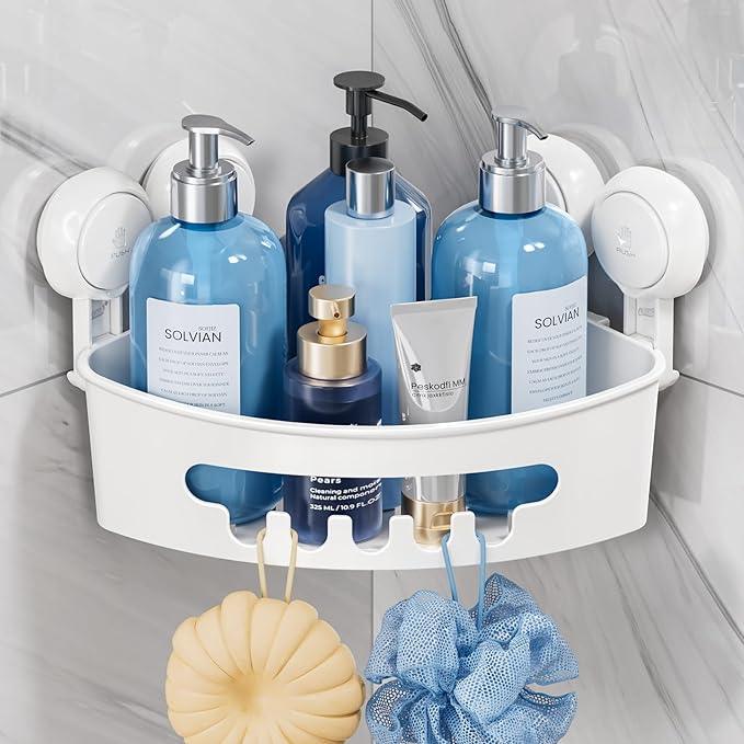 TAILI Corner Shower Caddy with Suction Cups, Wall Mounted Organizer Plastic Rack for Small Bathrooms, Kitchen, Removable Drill-Free Heavy Duty Shelf Basket, White - ModernBath