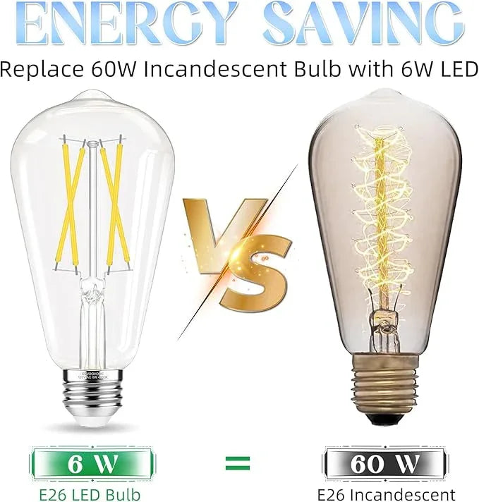 Edison Bulbs 60 watt Equivalent LED, E26 Bulb Non-Dimmable, Cool White 4000K, ST58 Vintage Light Bulbs, 90+ CRI, 6W 600LM, E26 Medium Base, Clear Glass, 18 Pack - ModernBath