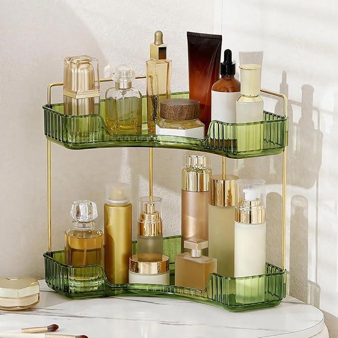 INVSSENE Corner Bathroom Countertop Organizer, Vanity Trays for Counter, Makeup Organizers, Perfume Tray, Kitchen Spice Rack, (Green, 2 Tiers) - ModernBath