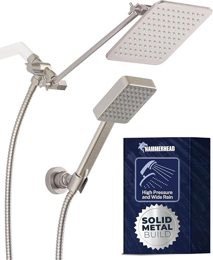 HammerHead® Solid Metal Dual Shower Head Combo — 8" Square Rain Shower Head with Handheld, 12" Adjustable Arm & Wall-Mount Holder for Flexible Installation — Brushed Nickel - ModernBath