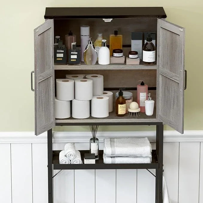 Over The Toilet Storage Cabinet, Bathroom Above Toilet Cabinet Organizer with Doors and Adjustable Shelves, Bathroom Shelf Organizer with Anti-Tip Device & Drain Rack, Grey - ModernBath