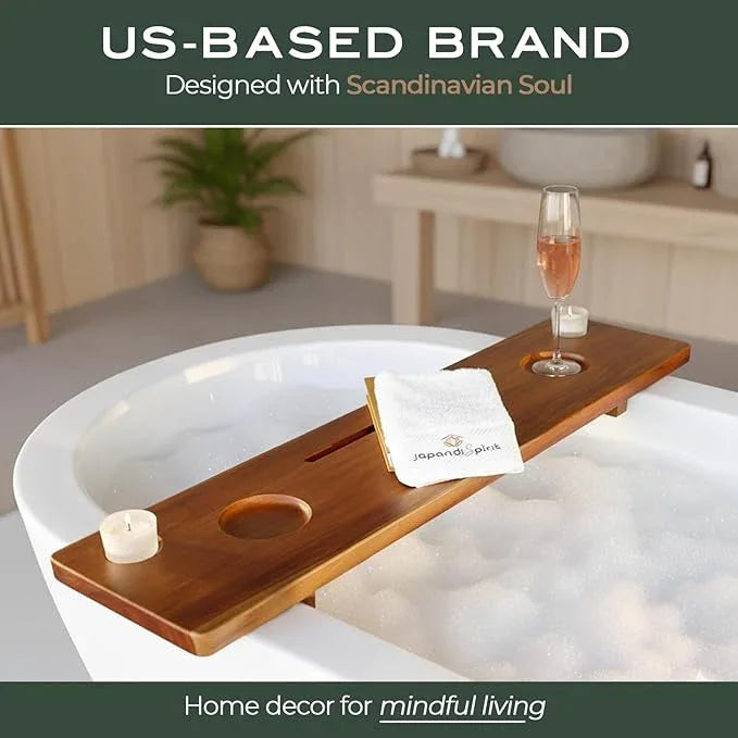 Grand Fjord | Teak Bathtub Tray for Large Soaking Tub | Extra Long 35” Luxury Bath Caddy for Freestanding Tubs | Minimalist Wooden Tub Tray with Candle Holders & Premium Towel by JapandiSpirit - ModernBath
