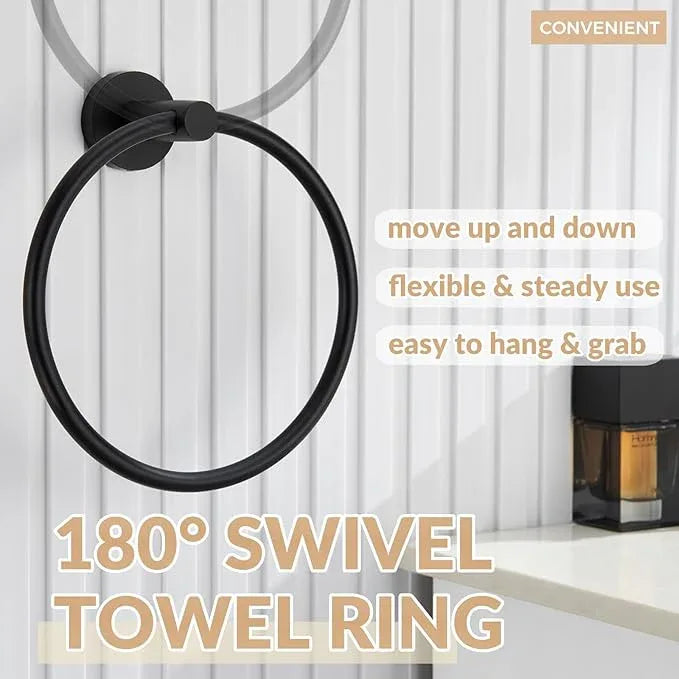 APLusee Matte Black Towel Ring Wall Mounted, Hand Towel Holder for Bathroom, Solid Stainless Steel Round Wall Hanger - ModernBath