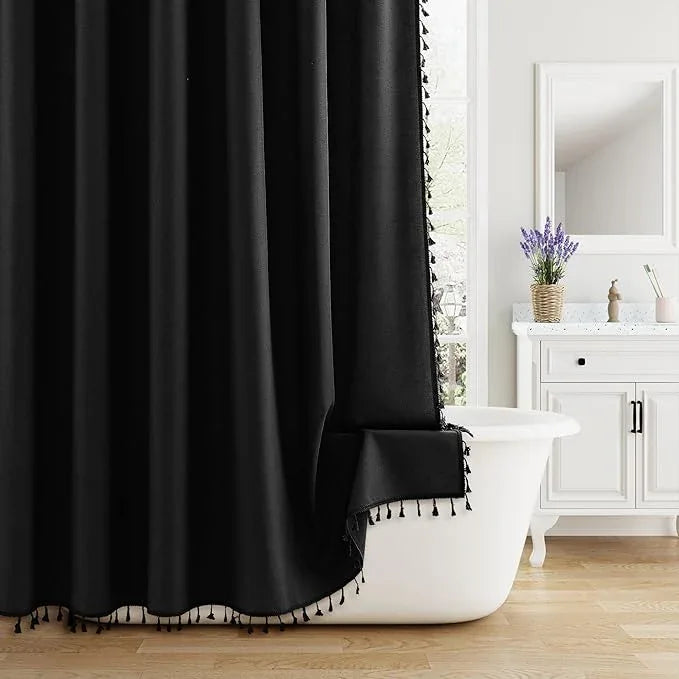 Nanspring Black Boho Linen Shower Curtain 72 Inches Long Textured Heavy Duty Weighted Tassel Farmhouse Fabric Bath Curtain Set with Hooks Vintage Aesthetic Elegant Shower Curtain for Bathroom 72x72 - ModernBath