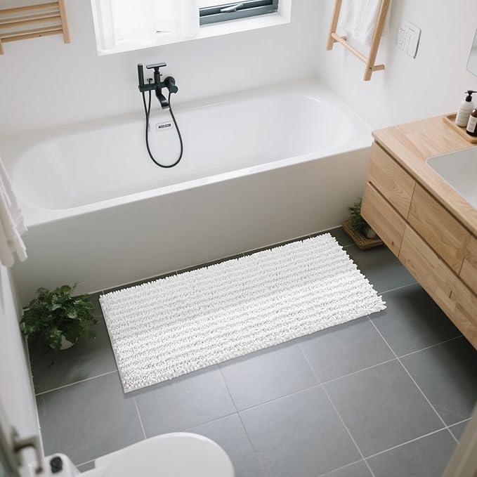 Yimobra Bathroom Runner Rug 55x24 Inch - Extra Long Non Slip Chenille Bath Mat, Soft & Absorbent, Machine Washable Shaggy Hallway Carpet for Vanity Tub Shower, White Home Decor Accessories - ModernBath