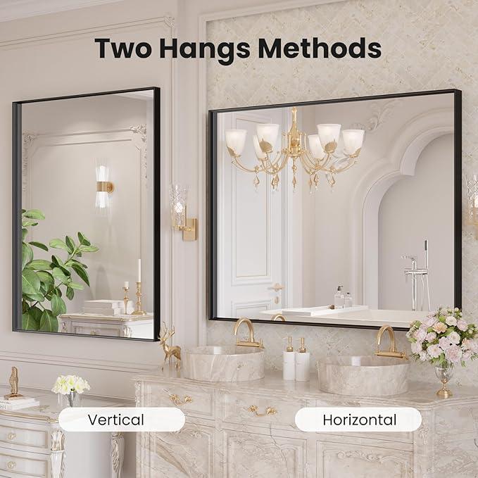 LOAAO Black Bathroom Mirror 40"X32" for Wall, Rectangle Bathroom Vanity Mirror, Tempered Glass, Hangs Vertically or Horizontally, Easy to Install, Modern Design - ModernBath