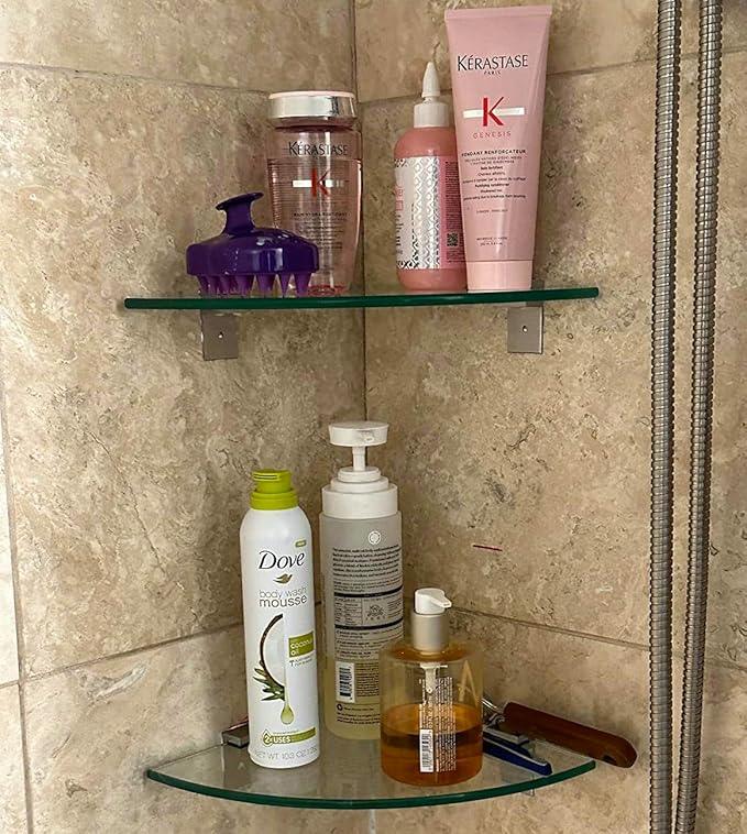 Glass Corner Shower Shelves (2-Pack) - No-Drill Shower Caddy Organizer & Bathroom Storage, Tempered Glass with Rustproof Aluminum Brackets for Inside Shower - ModernBath