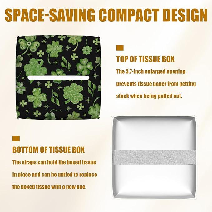 Green Clover Shamrock Tissue Box Cover 2PCS, St.Patrick's Leather Tissue Box Holder Square Facial Paper Case Tissue Box Cube Organizer for Bathroom Bedroom Desk Office - ModernBath