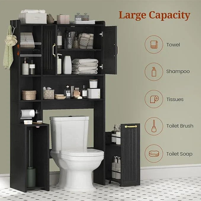Over The Toilet Storage Cabinet with Pulley, Bathroom Cabinet, Space Saver W/Adjustable Shelf Rack for Bathroom, Restroom, Laundry (Black-Type A) - ModernBath