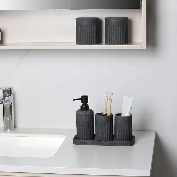 INIUNIK Bathroom Accessory Set - 6 Pieces Bathroom Accessories Set Complete with Soap Dispenser, Toothbrush Holders, Tumbler, Vanity Tray and 2 Qtip Holder for Home Organizer and Decor, Dark Grey - ModernBath