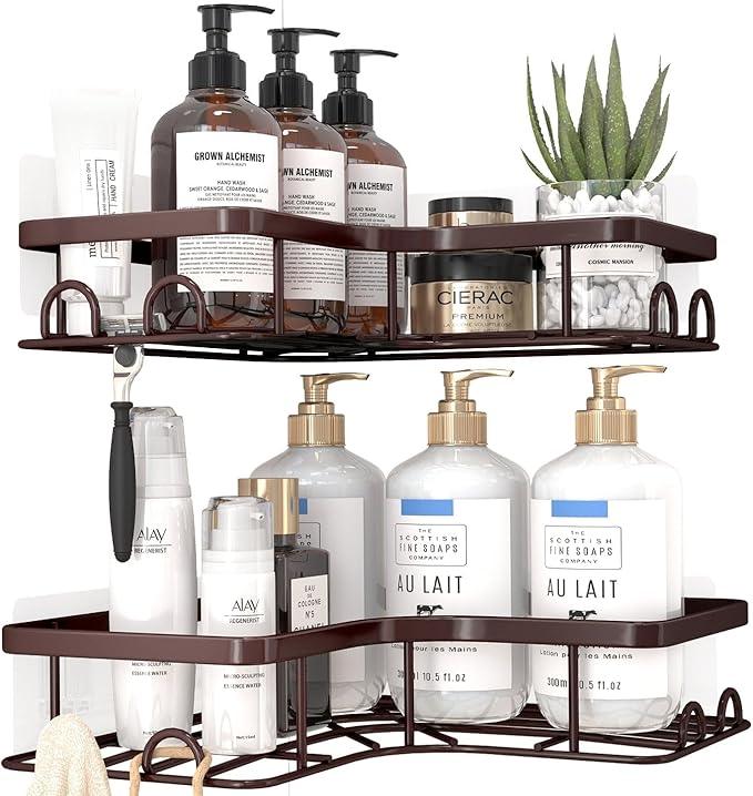 Corner Shower Caddy - 2 Pack, Adhesive Shower Organizers, Rustproof Stainless Steel Shower Shelves with 8 Hooks, No Drilling Bathroom Organizers and Storage Racks, Space-Saving, Brown, Medium - ModernBath