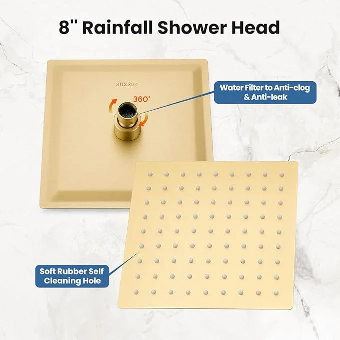 Airuida Shower Faucet Set Bathroom Rain Shower System 8 Inch Square Showerhead Single Function 1 Handle Trim Kit with Female Thread Rough-in Valve Cover Plate with H and C Labels Brushed Gold - ModernBath
