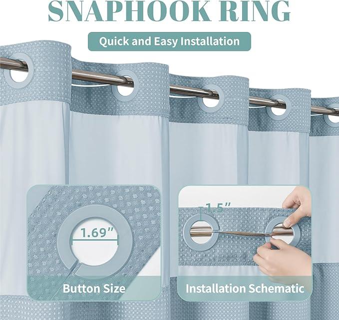eachope Teal Long No Hook Waffle Weave Shower Curtain with snap-in Liner Replacement, 230GSM Waterproof Fabric Hotel Shower Curtain Set for Bathroom, Through Mesh Top Window,71Wx80H - ModernBath